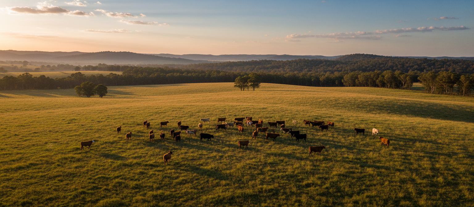 Australian paddock at sunrise with cattle grazing